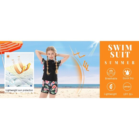 Girls Butterfly Print Two-Piece Short sleeve Rash Guard Swim Shorts Set 14T - Picture 7 of 10